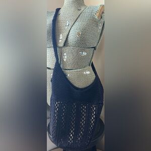 THE SAK NAVY BLUE/GOLD INLAY CROCHET HOBO BAG. PRISTINE CONDITION, LIKE NEW